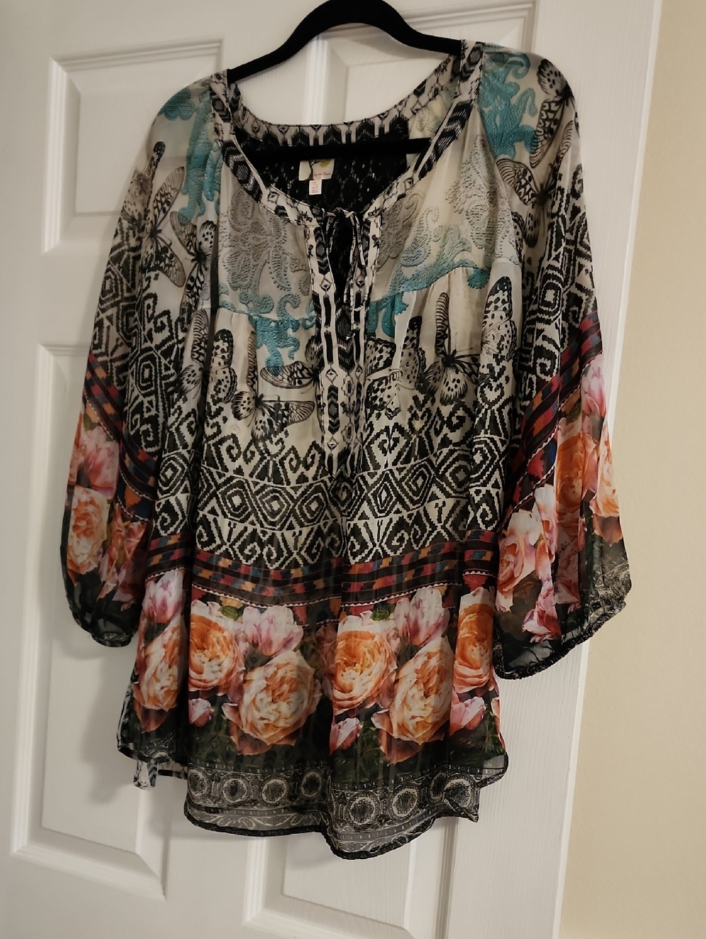 fig and flower Sheer Floral Border Tunic Teal, Black, Pink, Peach